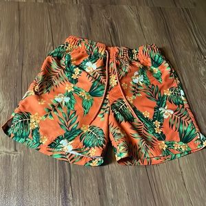 Mens Medium Orange Tropical Swim Trunks